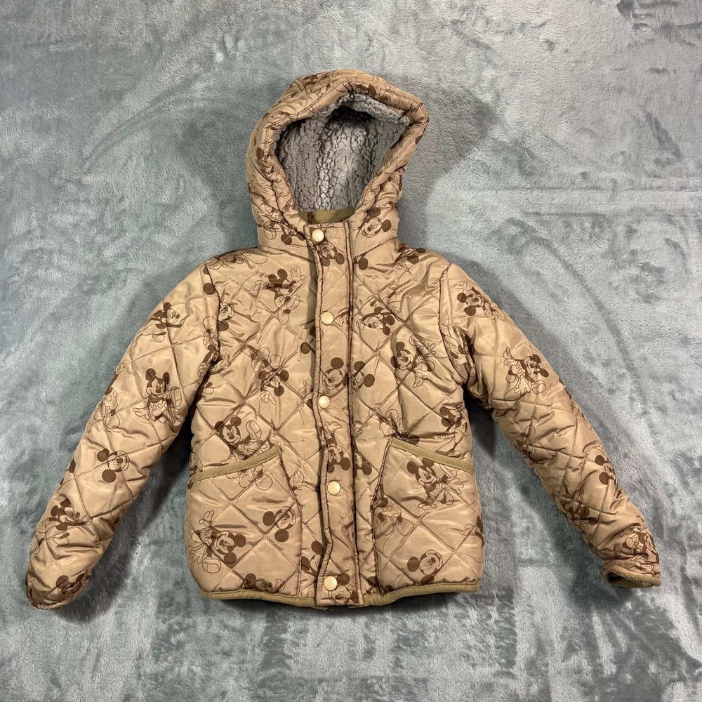Disney Mickey Mouse AOP Sherpa Lined Puffer Jacket Kids Size 5T Tan Quilted Coat
